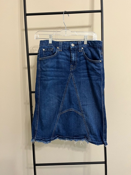 7 For All Mankind Dresses & Skirts - 7 For All Mankind Denim Midi Skirt 27 Dark Wash Raw Hem Cotton Spandex Small S